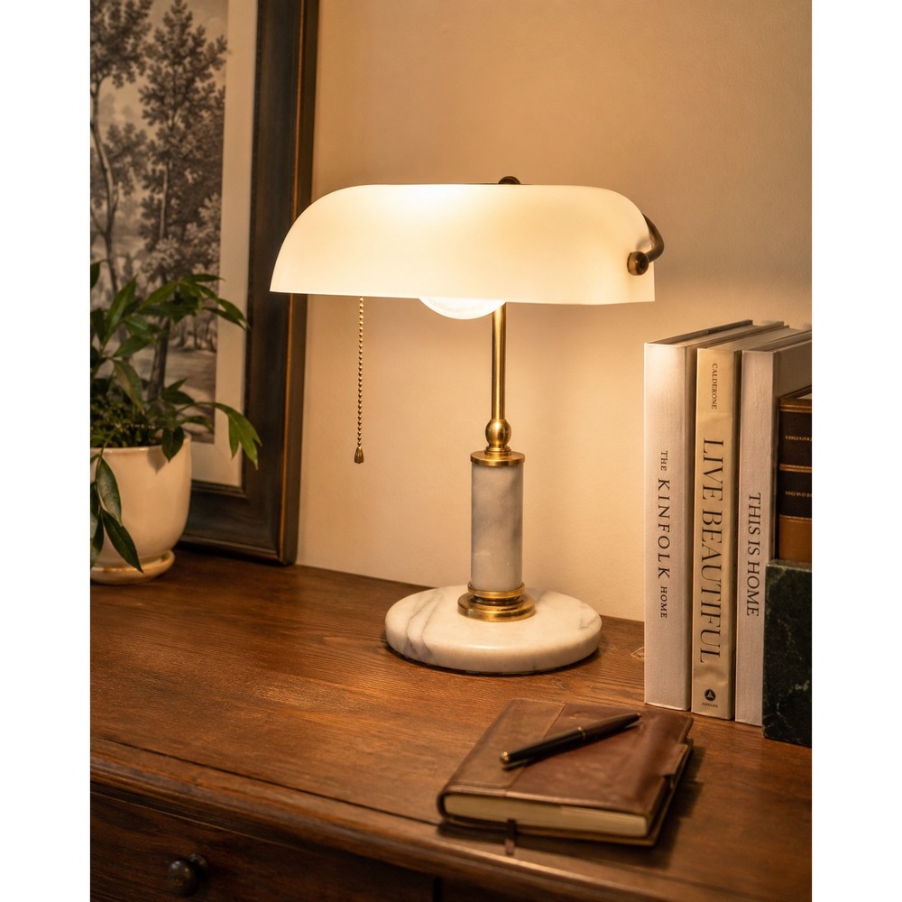 Vintage Bankers Lamp White Marble Base Brass Gold Tone White Glass Shade